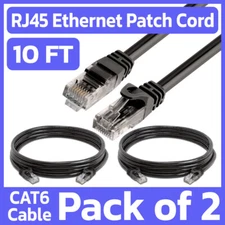 2 Pack Black Cat6 Ethernet Cable 10ft RJ45 Internet Patch Cord LAN Network Wire