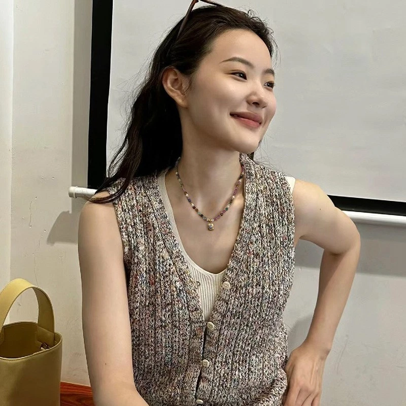 Bunte Quarz-Jade-Halskette, Luxus-Schlüsselbeinkette quadratischem Nischenanhäng - Bild 2 von 4