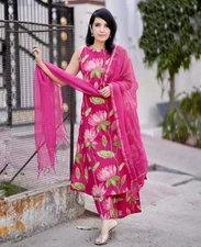 Gosriki Women'S Rayon Viscose Printed A-Line Kurta With Palazzo & Dupatta (Am...