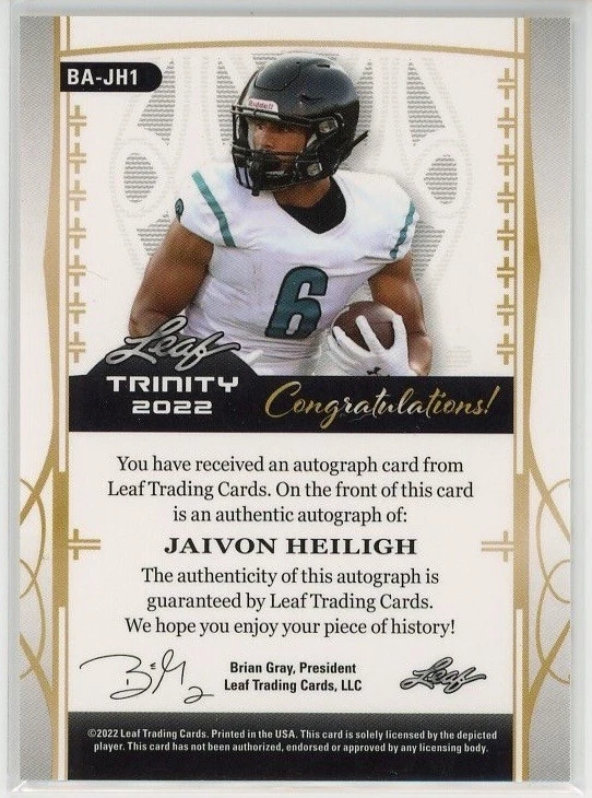 2022 Leaf Trinity #BA-JH1 Jaivon Heiligh Auto Silver SN43/99 - Image 2 of 2