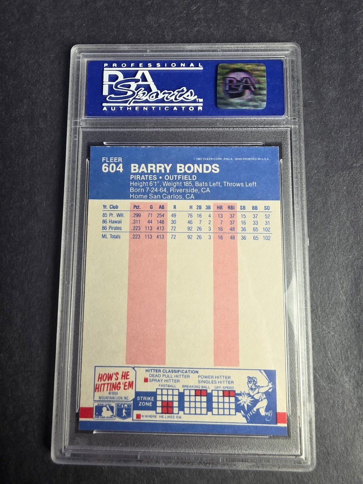 1987 Fleer - BARRY BONDS #604 (RC) PSA MINT 9 (OC) view 2