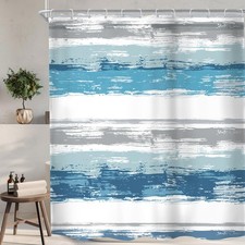 Abstract Blue Shower Curtain Minimalist Geometric Teal Grey Hooks 72x72 Inch