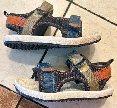 OshKosh B'gosh Boys Sandals Size 7 Navy Blue, Orange & Tan Hook & Loop Washable