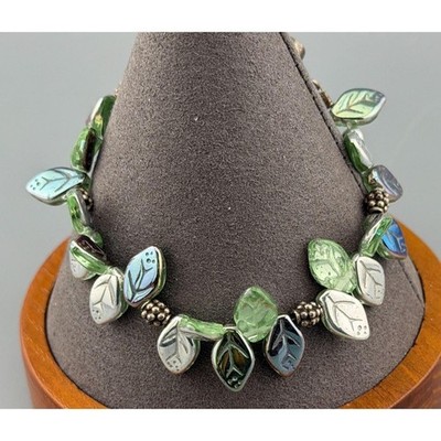 Vintage Bracelet Glass Leaf Vitrail Oil Slick AB Green Blue Sterling Silver 7''