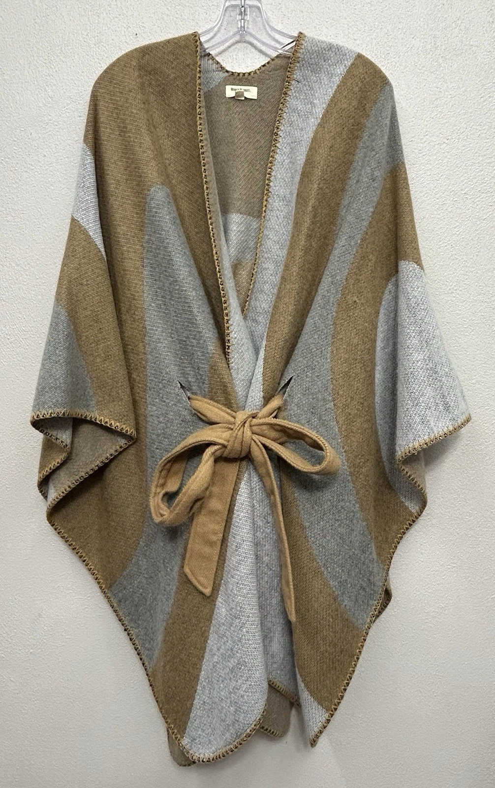 World Market Women's Poncho Sweater One Size Belted Tan/ Gray Colorblock Shawl