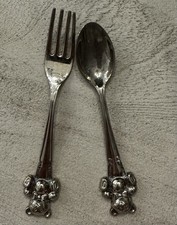 Vintage Child Baby Teddy Bear Collectible Silver Plated Spoon  Fork Set