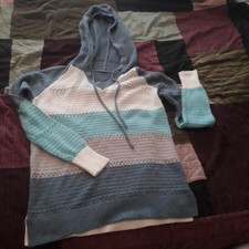 Ladies' Small HOODED SWEATER blue/white; lightweight EUC