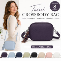 Women Tassel Crossbody Bag Small Synthetic Shoulder Handbag Zip Pocket 8 Colours