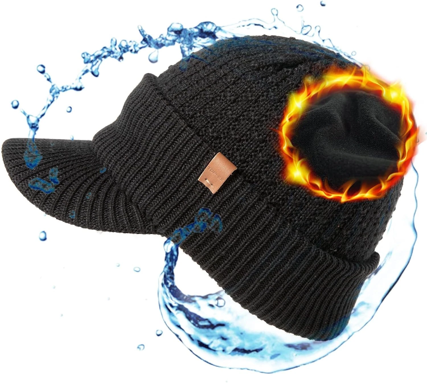 TOP-EX Dryknit™ Waterproof 50% Merino Wool Visor Beanie Hat for Men Fleece Lined