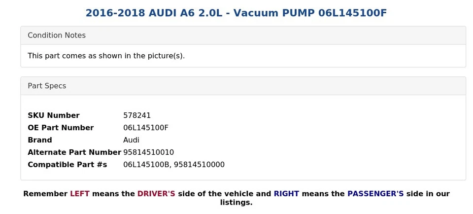 AUDI A6 2016-2018 2,0 L - Bomba de vacío 06L145100F Foto 4 de 4