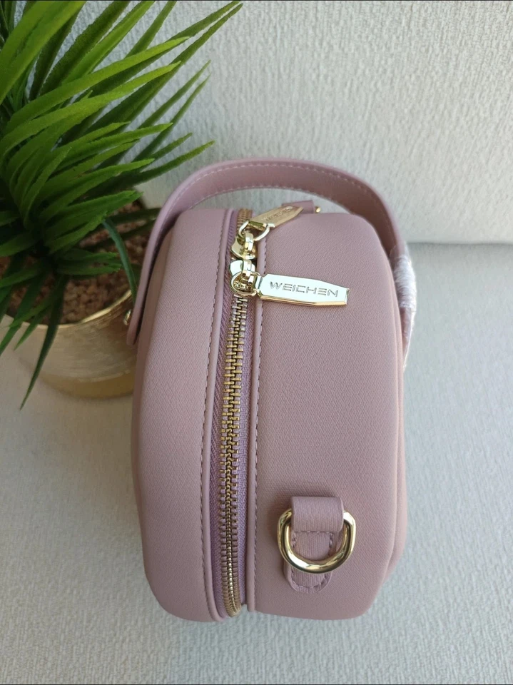 Sac bandoulière femme rond rose similicuir uni fermeture éclair doré - Photo 3/4