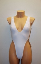 Women Thong One-piece Leotard 201-14 OpenBack Deep Neckline White Spandex Size S