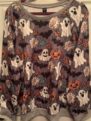 Emery Rose, Halloween Pumpkin, Ghost & Bat Long Sleeve Sweatshirt, Size 4X