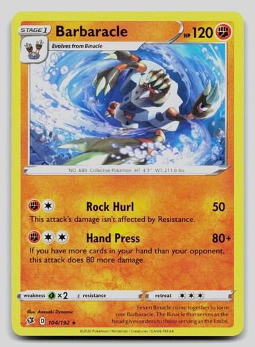 Barbaracle 104/192 Rare Rebel Clash Pokemon Near Mint