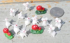 Vintage Mini Albino White Mice Fairy Garden Toad Stool Mushroom Red Polka Dot