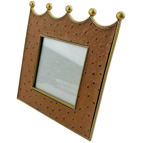 Vintage Photo Picture Frame Faux Ostrich Leather Crown Matte Gold ORE Design 6"
