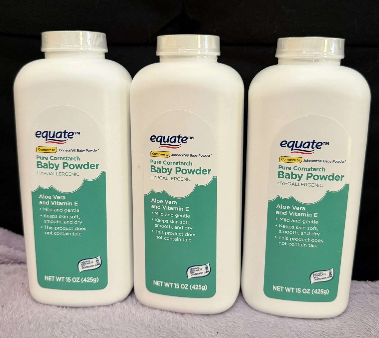 Equate Pure Cornstarch Baby Powder, Hypoallergenic, Vit E & Aloe, 3 pk 15 oz Ea