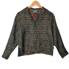 Vintage Chico's Silk Blend Button Up Top Jacket Small Green Blue Gold Pattern