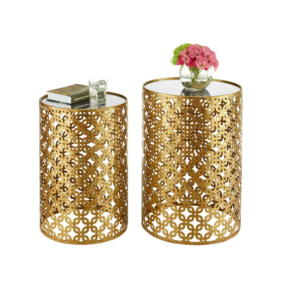 Espejo de mesa auxiliar Linon con acento de metal redondo dorado glamour Foto 2 de 4