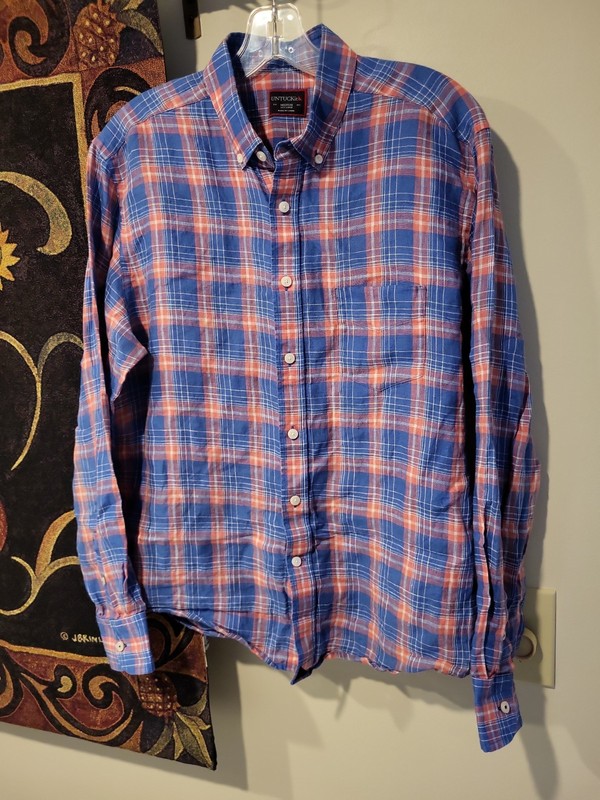 Untuckit 100% Linen Button Shirt Mens Medium Long Sleeve Plaid Pocket Sharp!