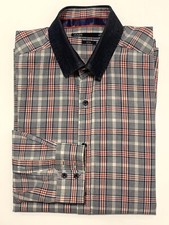 Jules Slim Long Sleeve Men  s Shirt, Gray Red Blue Striped Checker Size T2 37/38