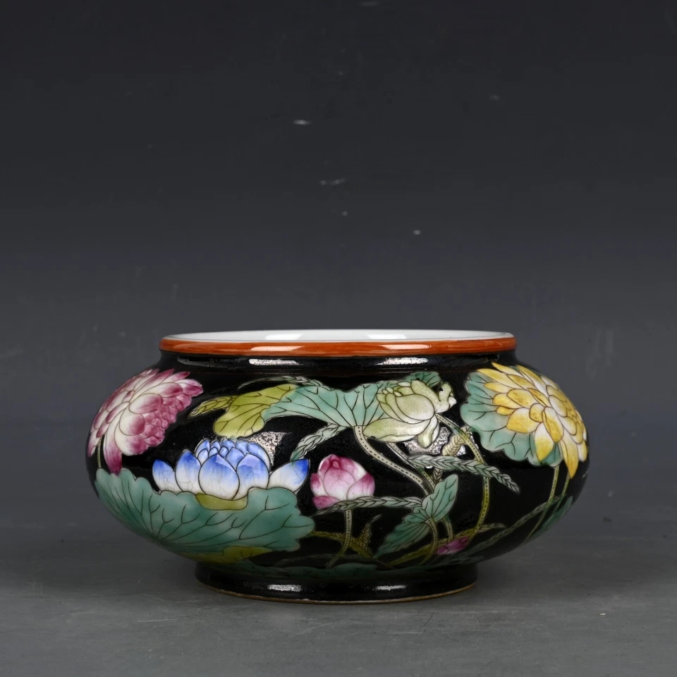 Antigua dinastía Qing china de 5,2" Kangxi patrón de flores esmaltadas negras lavado a pluma Foto 4 de 4