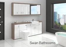 DRIFTWOOD / WHITE GLOSS BATHROOM FITTED FURNITURE WITH WALL UNITS 2100MM