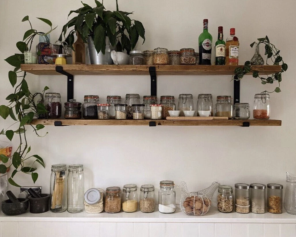 Strong Solid Shelf Made Of Scaffold Board Open Storage Kitchen Shelves