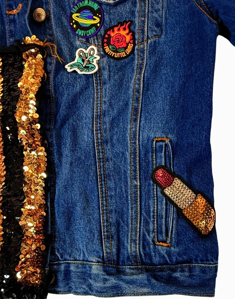 Jaqueta jeans personalizada Forever 21 M patchwork franja lantejoulas unicórnio lábios olho coração - Imagem 4 de 4