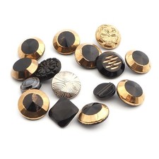 gold gilt silver glass buttons Lot (15) Czech Vintage geometric floral black
