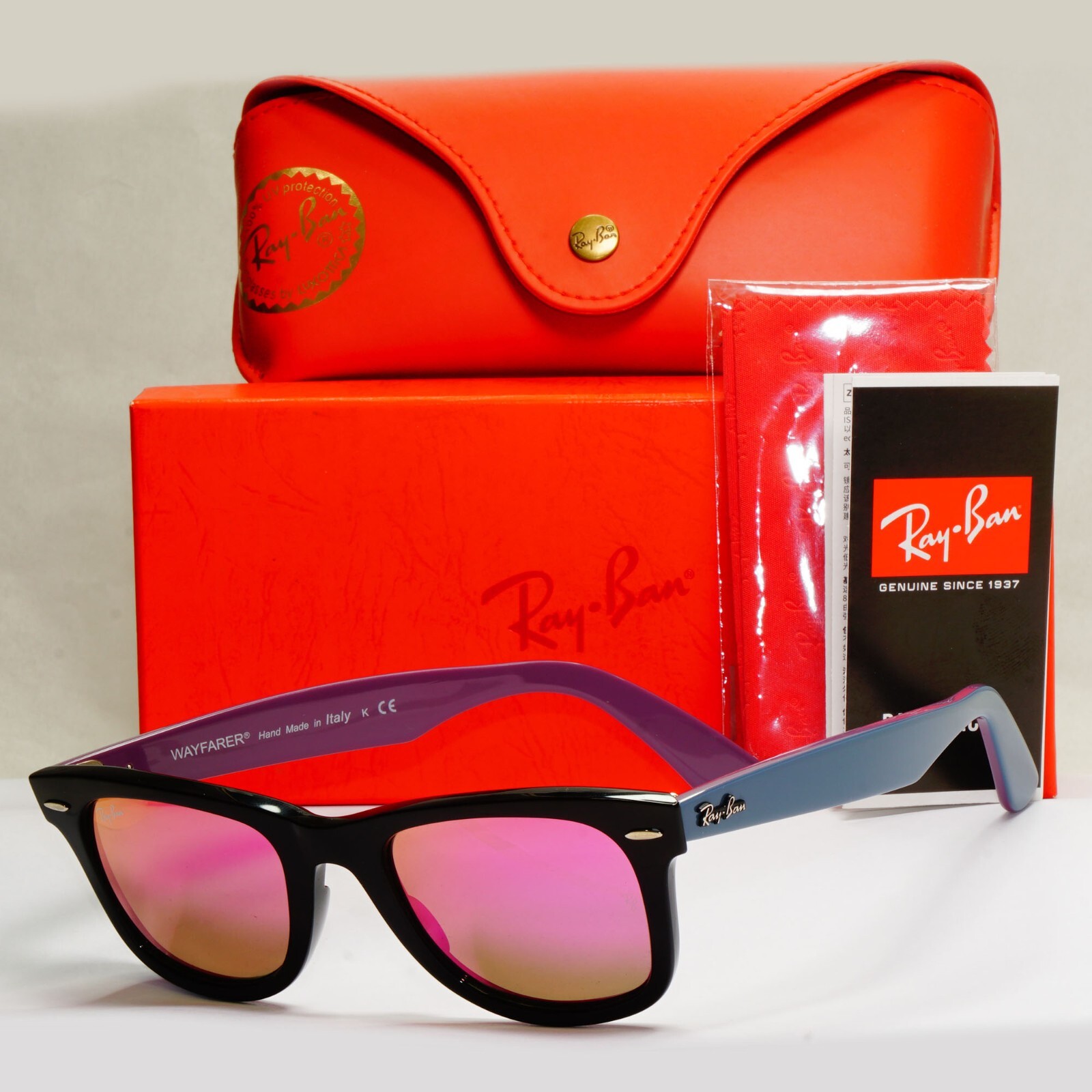 Ray-Ban Sunglasses Wayfarer Black Blue Mirror Violet Fuxia RB 2140 1174/4T 50mm - Image 2
