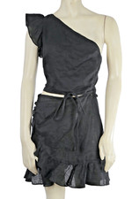 REFORMATION Black One Shoulder Ruffle Trim Cut Out Tie Up Wrap Mini Dress Sz 2