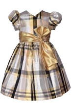 NEW Bonnie Jean Girl Size 2T "GOLD SILVER PLAID TAFFETA" Christmas Bow Dress NWT