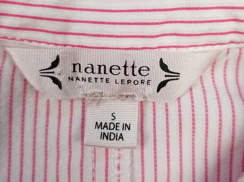 Nanette Lepore 纽扣衬衫女式小号粉色黑色条纹花卉长袖 — 第 4/4 张图片