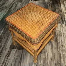 Vintage Wicker Rattan Square End Side Table Accent Plant Stand 2 Tier Boho Decor