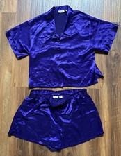 Vintage Victoria's Secret Purple Satin Pajama Set Collared Button Top Shorts L