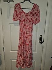Size 6 Mint Velvet Red Floral Leaf Print Midi Dress Summer spring autumnal