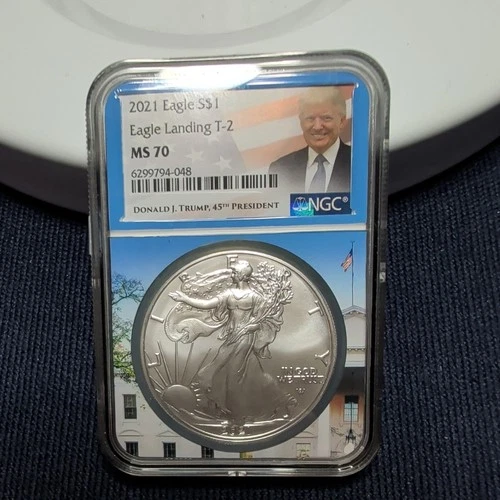 2021 $1 Type 2 American Silver Eagle Landing NGC MS69 ER Trump Label