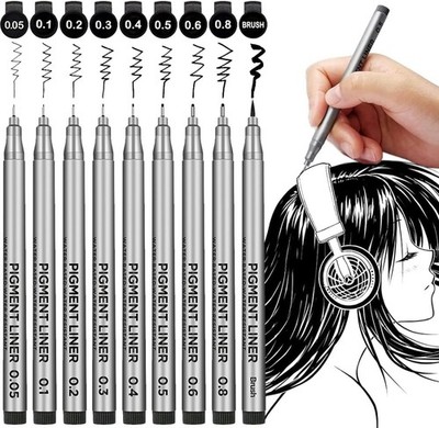 Precision Micro-Line Pens Set of 9, Black Fineliner Ink Pens for Art and Sketchi