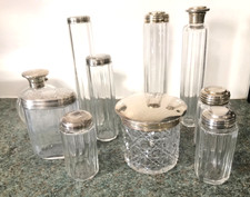 Lot of Ten Silver Top Vanity or Dressing Table Jars / bottles Hallmarked 135g