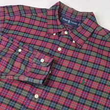 Ralph Lauren Mens Classic Fit Plaid Button Down Shirt Red Green Cotton Large