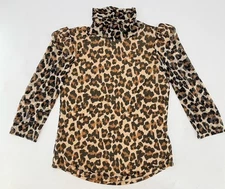 Catherine Malandrino Cheetah Print Mesh Mock Neck Blouse Stretch Sz M Boho