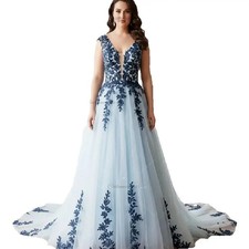 Blue Two Tone Beach Wedding Dresses Contrast Navy Lace Gothic Boho Bride Dresses