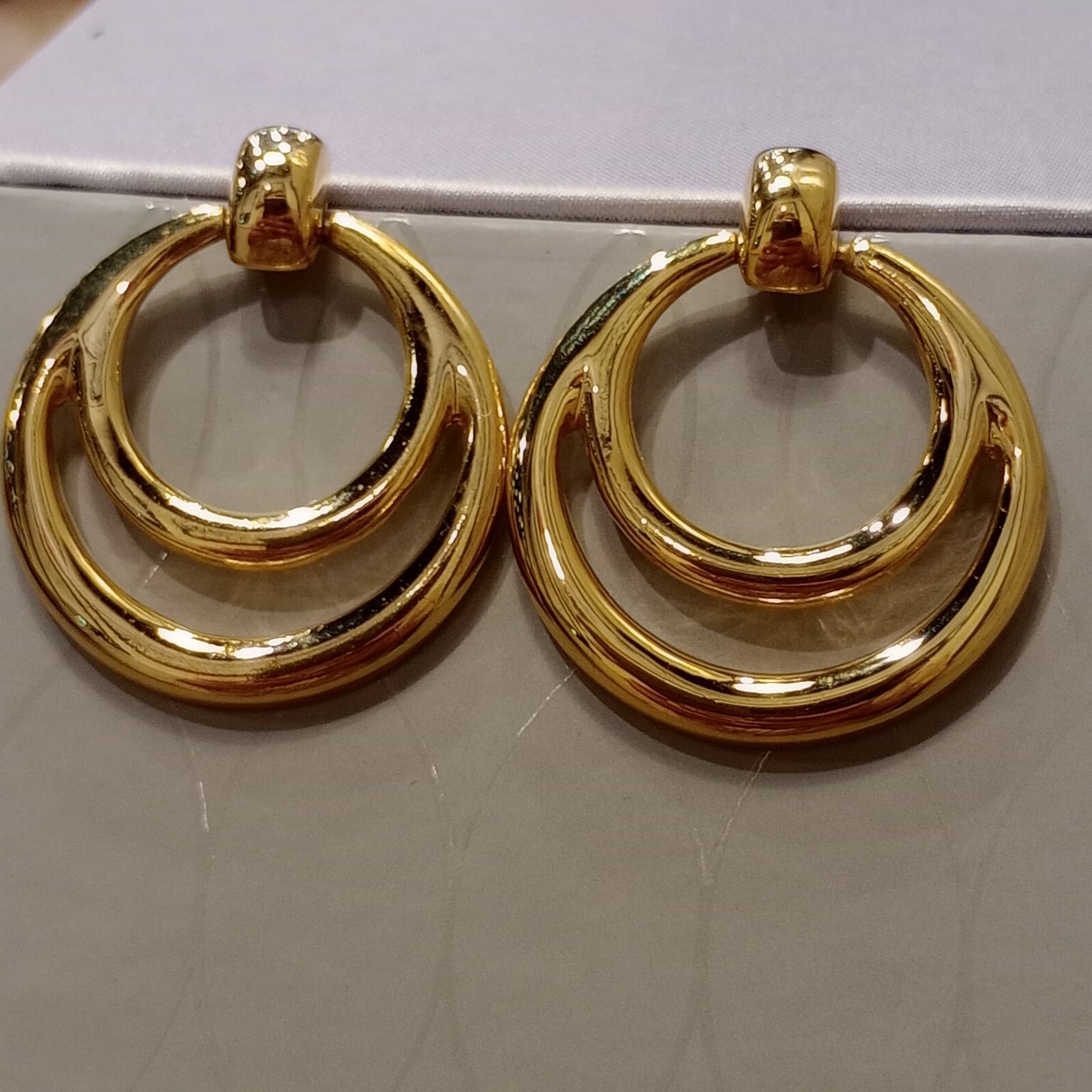 Earrings Double Circle Loop Door Knocker Gold Ton… - image 2