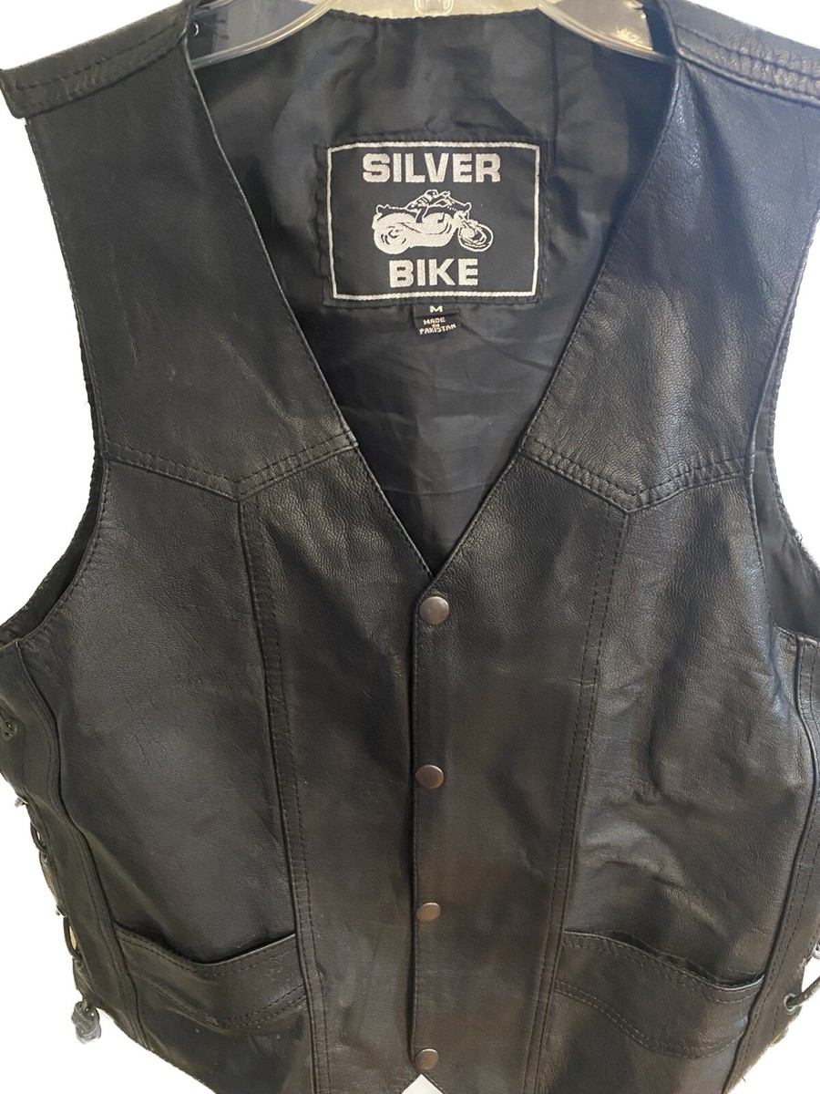 トップス Used Leather Vest Silver Bike Men's 10 Pocket Genuine Leather Biker Vest Size
