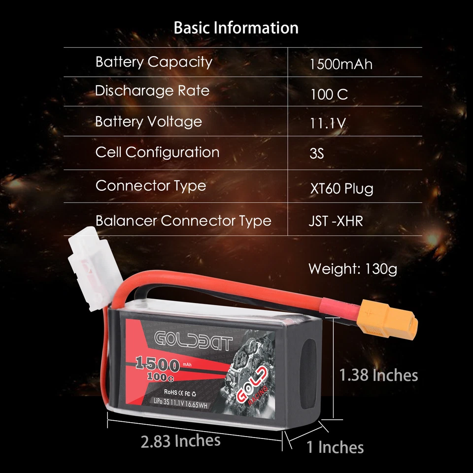 2PACK 1500mAh 3S 11.1V 100C XT60 Plug RC Lipo Battery For RC FPV Helicopter - Image 2 of 4
