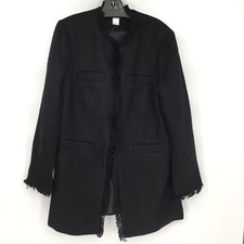New Venus Black Boucle Jacket Size M Frayed Hem/neck/sleeves Hook & Eye Closure