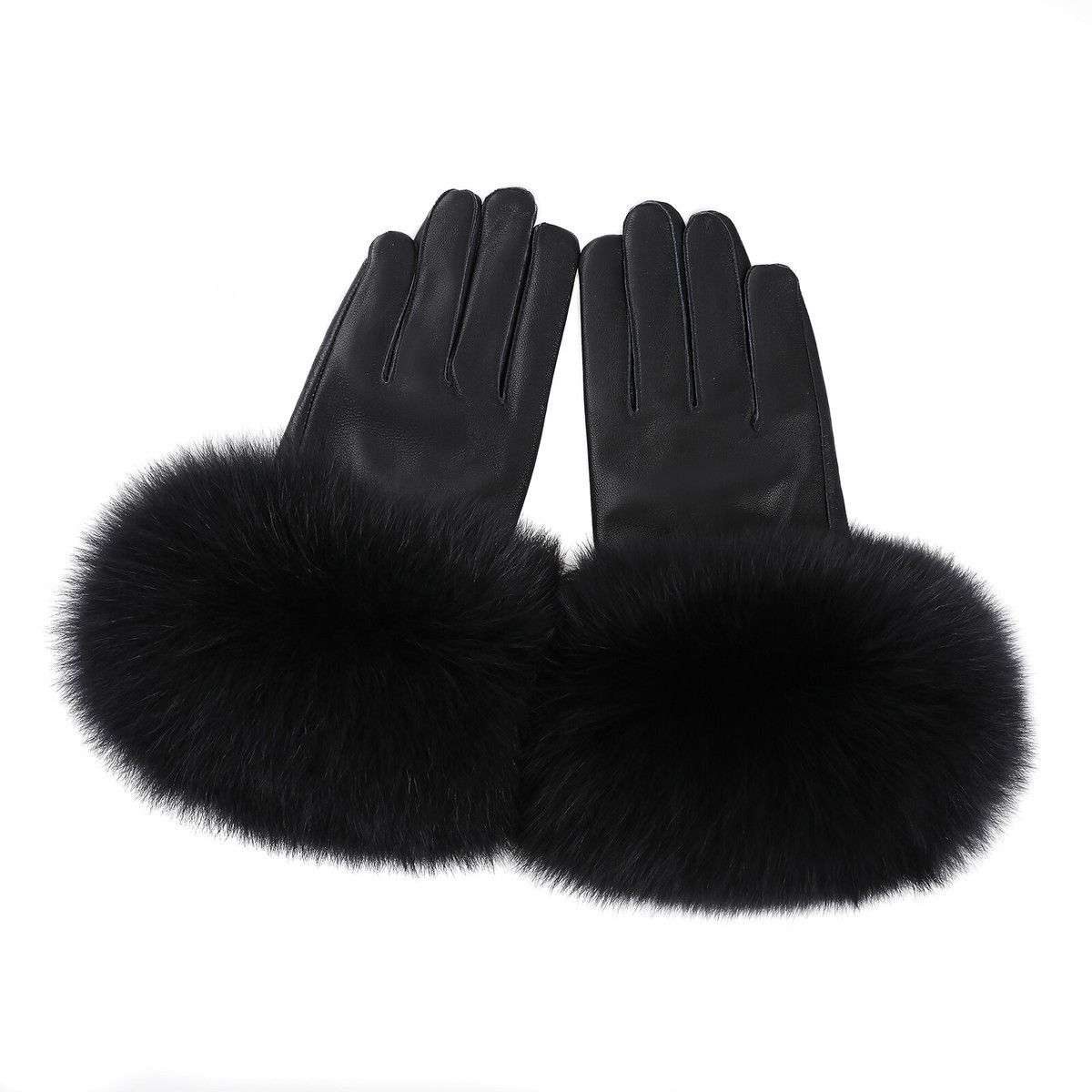 Women Genuine Lambskin Leather Gloves With Real Fox Fur Trim  display picture 2
