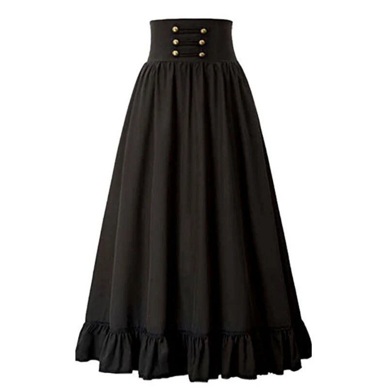 Lady Gothic Victorian Skirt Midi Steampunk Zip A-line Retro Ruffle Skirt Party - Image 2 of 4