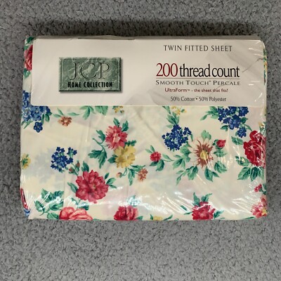 VTG JCP Sheet Fitted TWIN Floral  Flowers Percale 200 Thread Ct NEW NOS USA Made